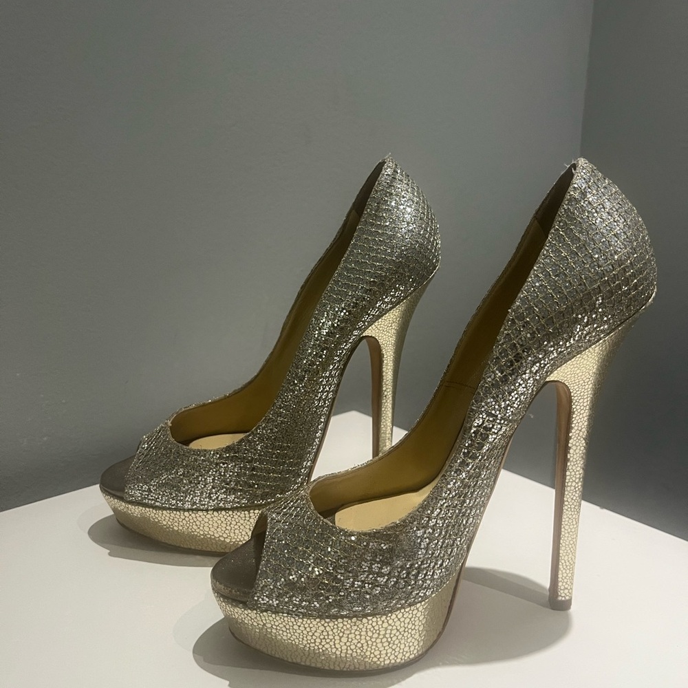 Jimmy Choo Champagne Gold High Heel Peep Stilettos